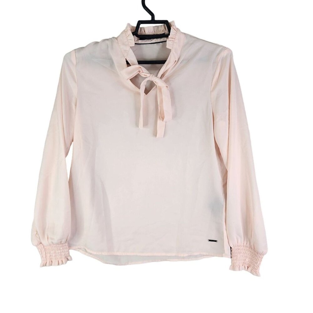Womens Pink Tahari Sheer Blouse Shirt Top Long Sleeve Tie V Neck Size S Small